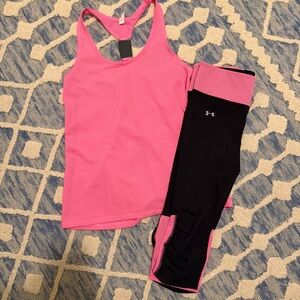 Under Armour Hot Pink Mesh Racerback Tank with Black & Pink Cropped Leggings